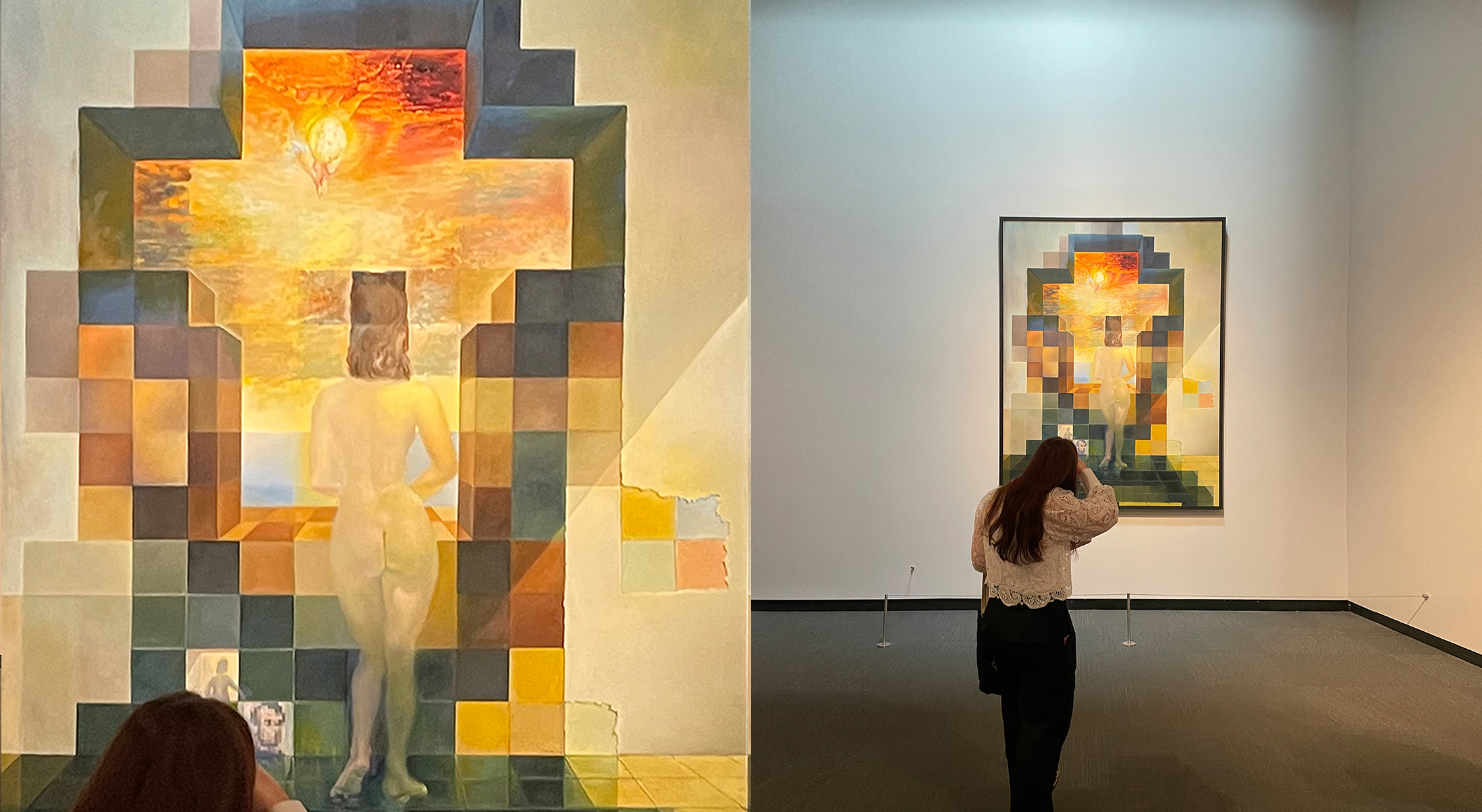 side by side photo of close up and distant perspective of Salvador Dalí painting entitled Gala Contemplating the Mediterranean Sea