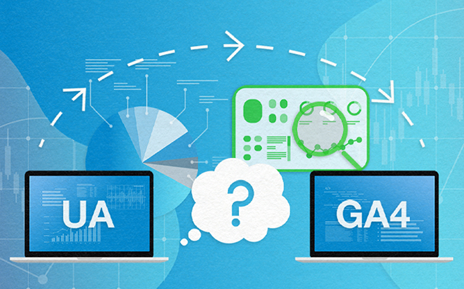 Computer transitioning from UA to GA4. A cloud with a question mark sits between the two computers.