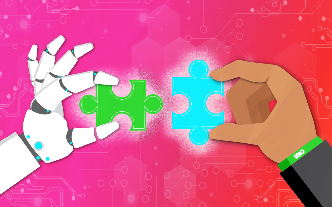 A robot hand and a human hand putting two puzzle pieces together.