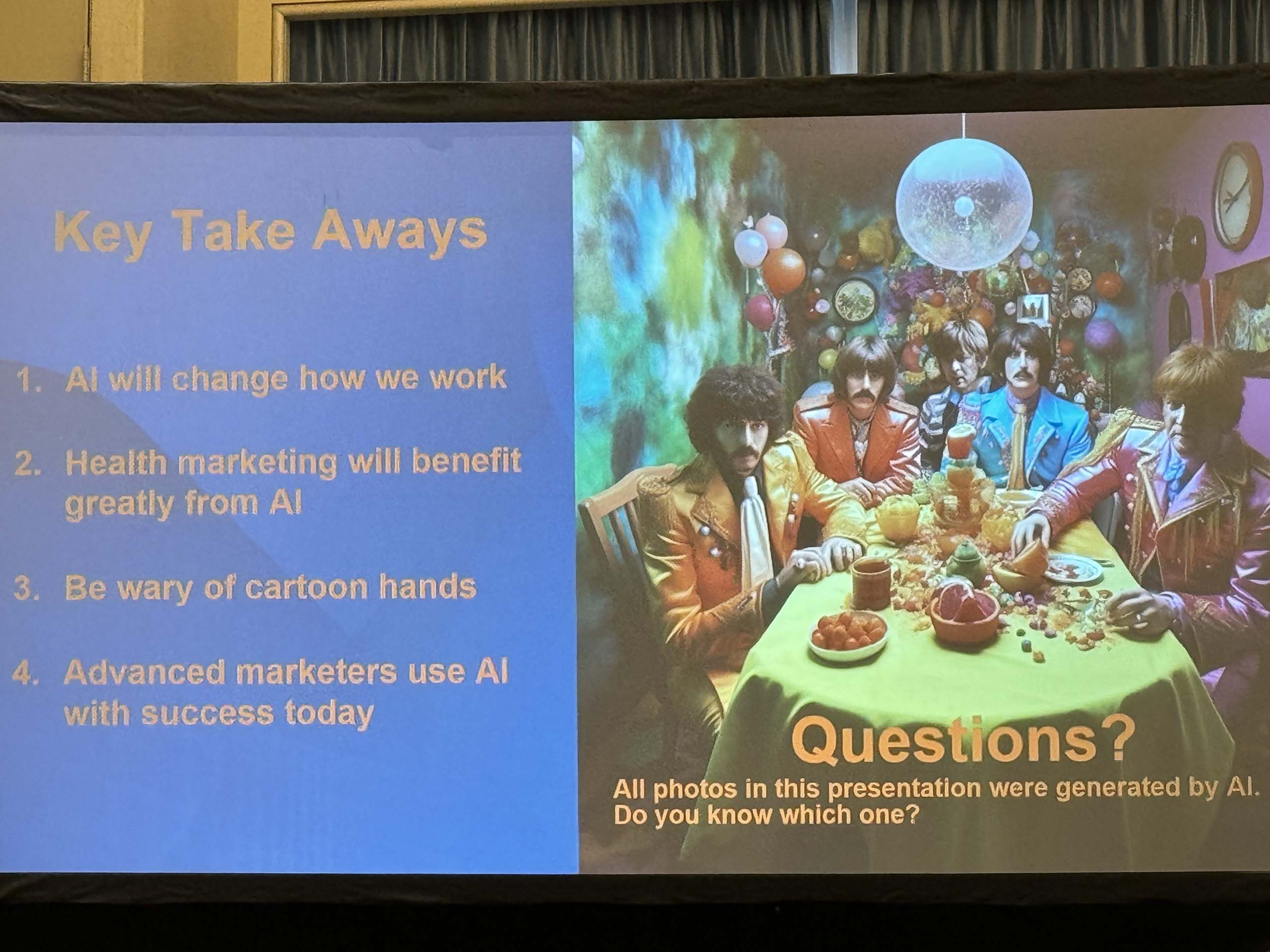 A presentation slide covering key take aways with an AI generated image of The Beatles.