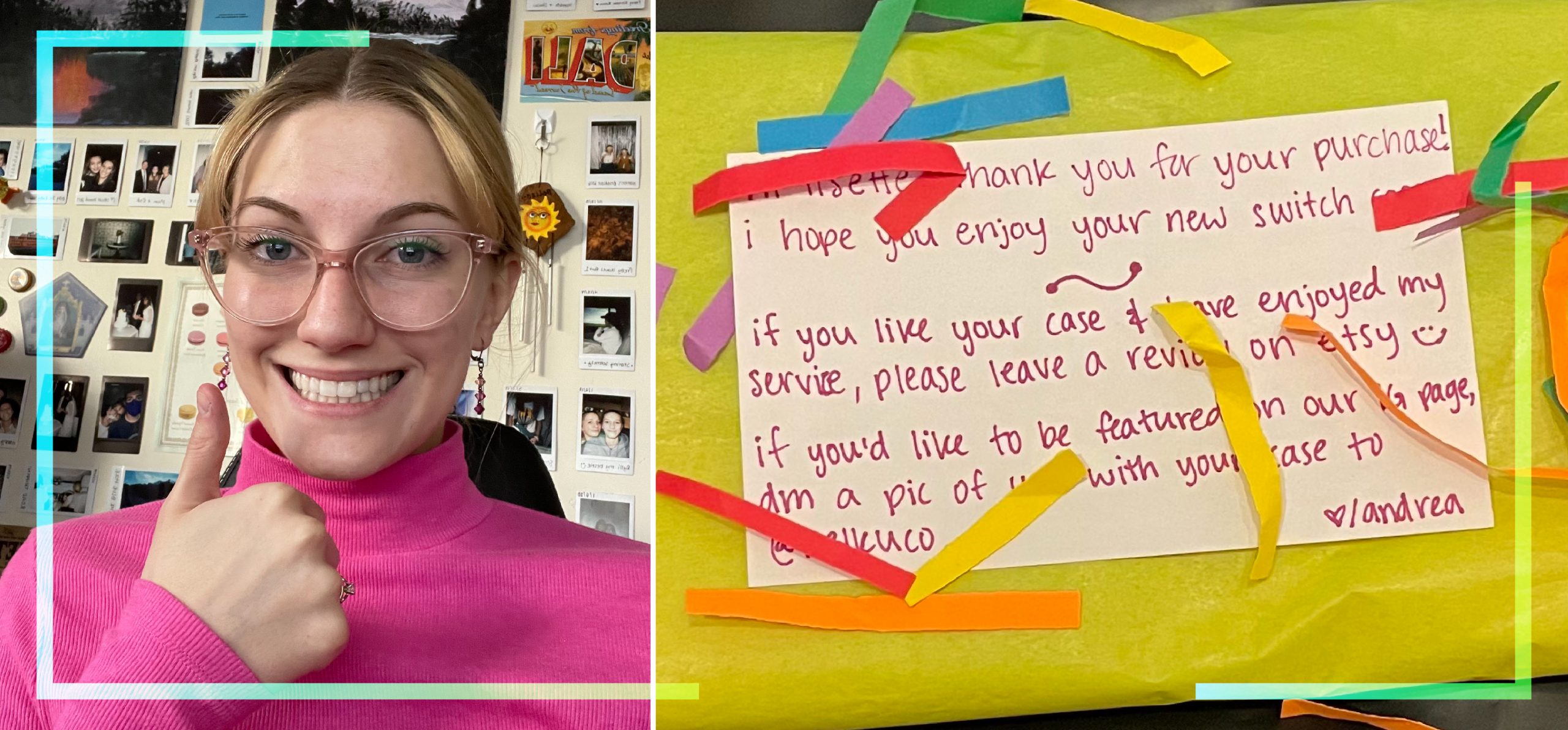 Andrea Hunter, left, and a hand-written note to one of her crochet Etsy shop customers.