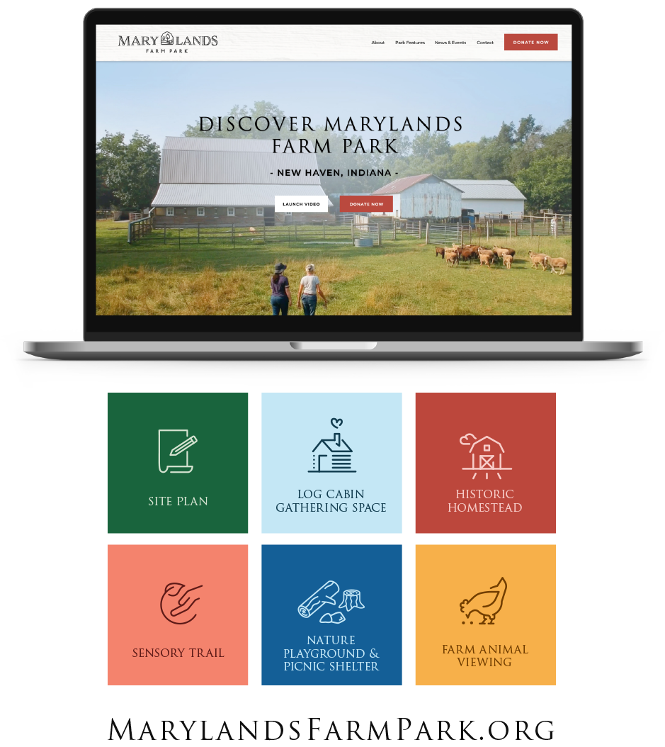 Marylands Farm Park website home page, navigation features, and URL.