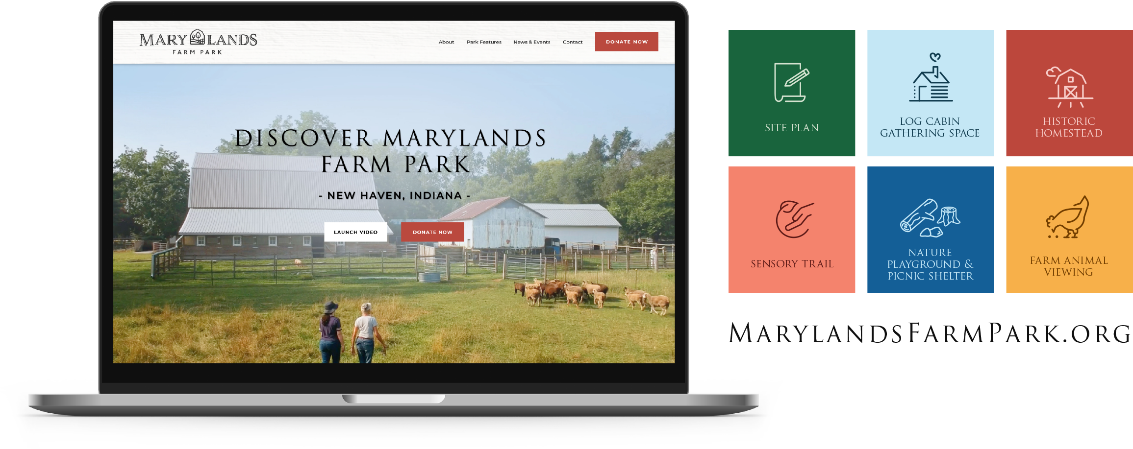 Marylands Farm Park website home page, navigation features, and URL.