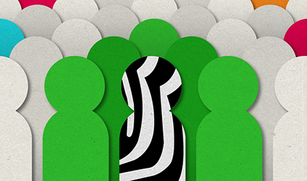 A person with a zebra pattern surrounded by a crowd of other people with flat colors.