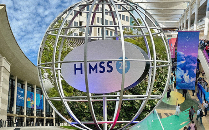 Collage of HIMMS 2024, featuring the convention center and the globe outside.
