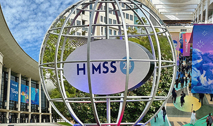 Collage of HIMMS 2024, featuring the convention center and the globe outside.