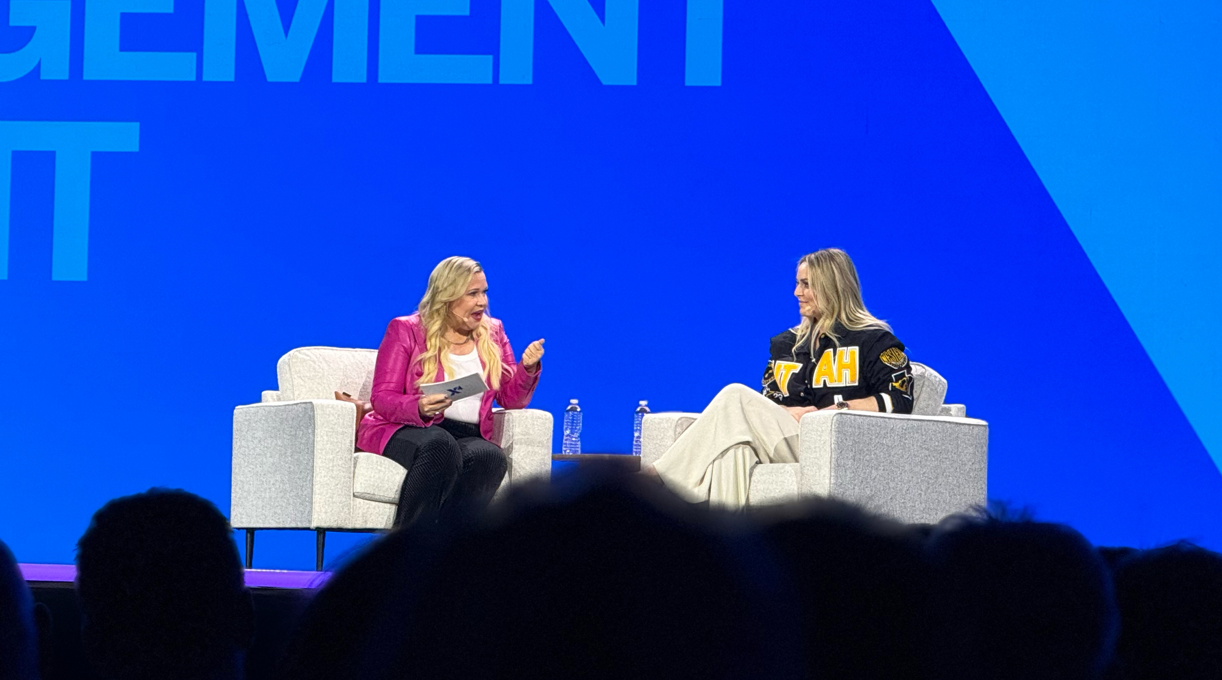 Lindsey Vonn, right, speaking to the panel host.
