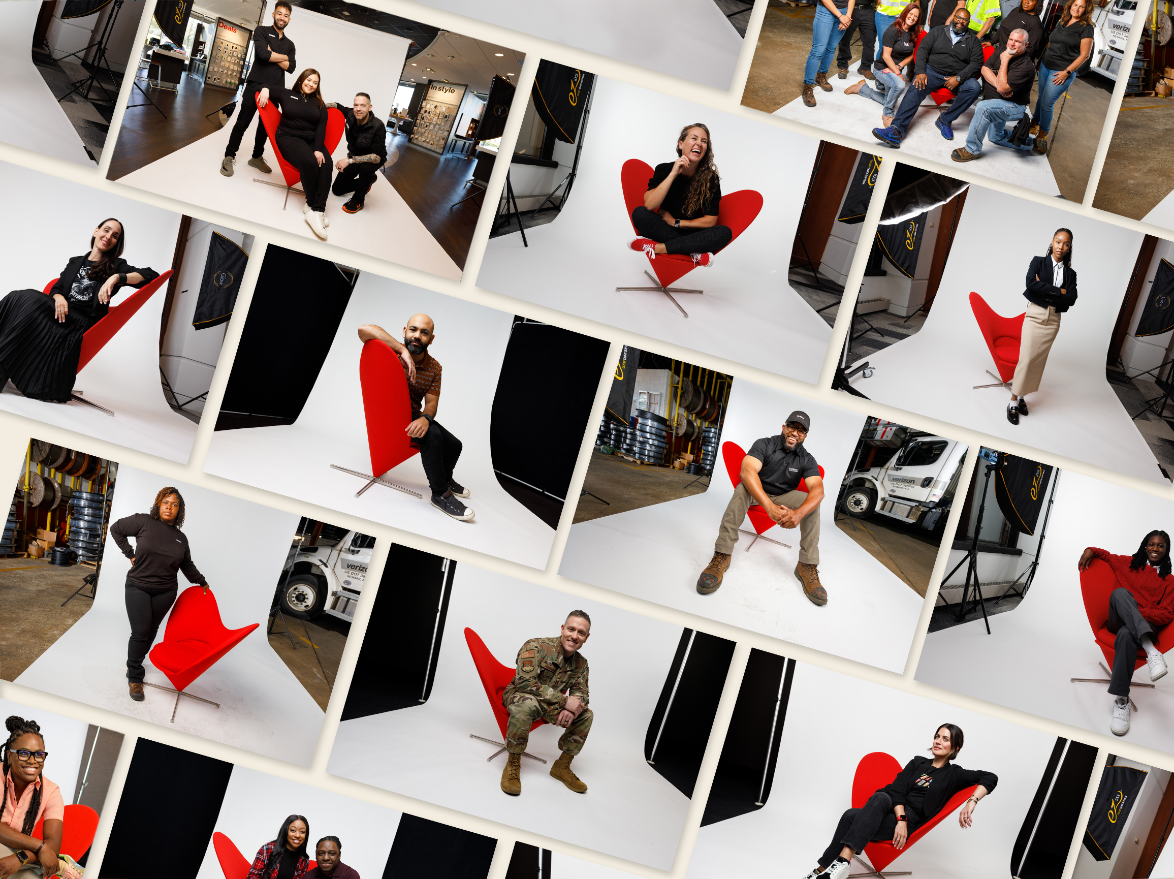 A collage of photos featuring V Teamers and Verizon staff in the red chair.