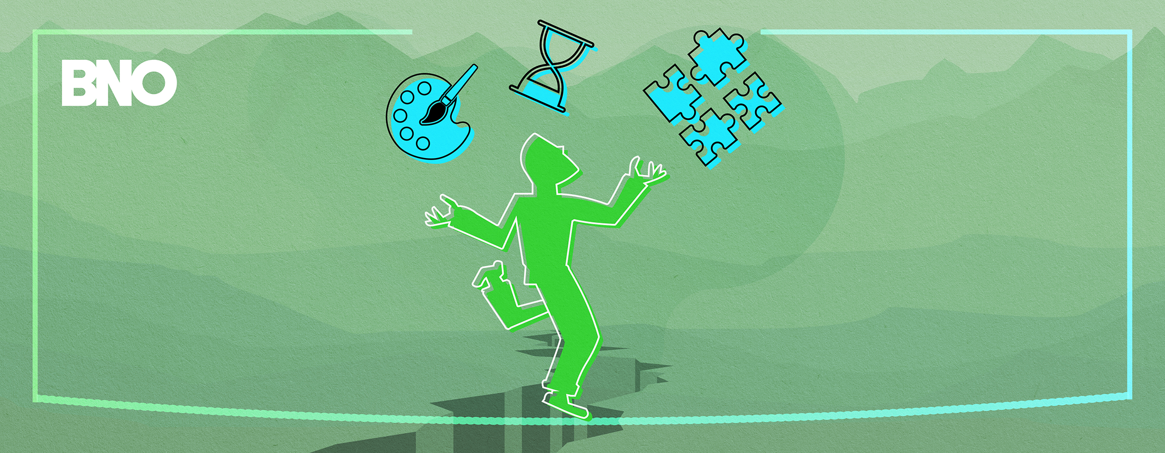 A man walking on a tightrope, balancing his creativity in the form of icons.