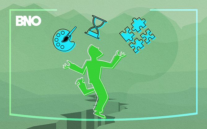 A man walking on a tightrope, balancing his creativity in the form of icons.