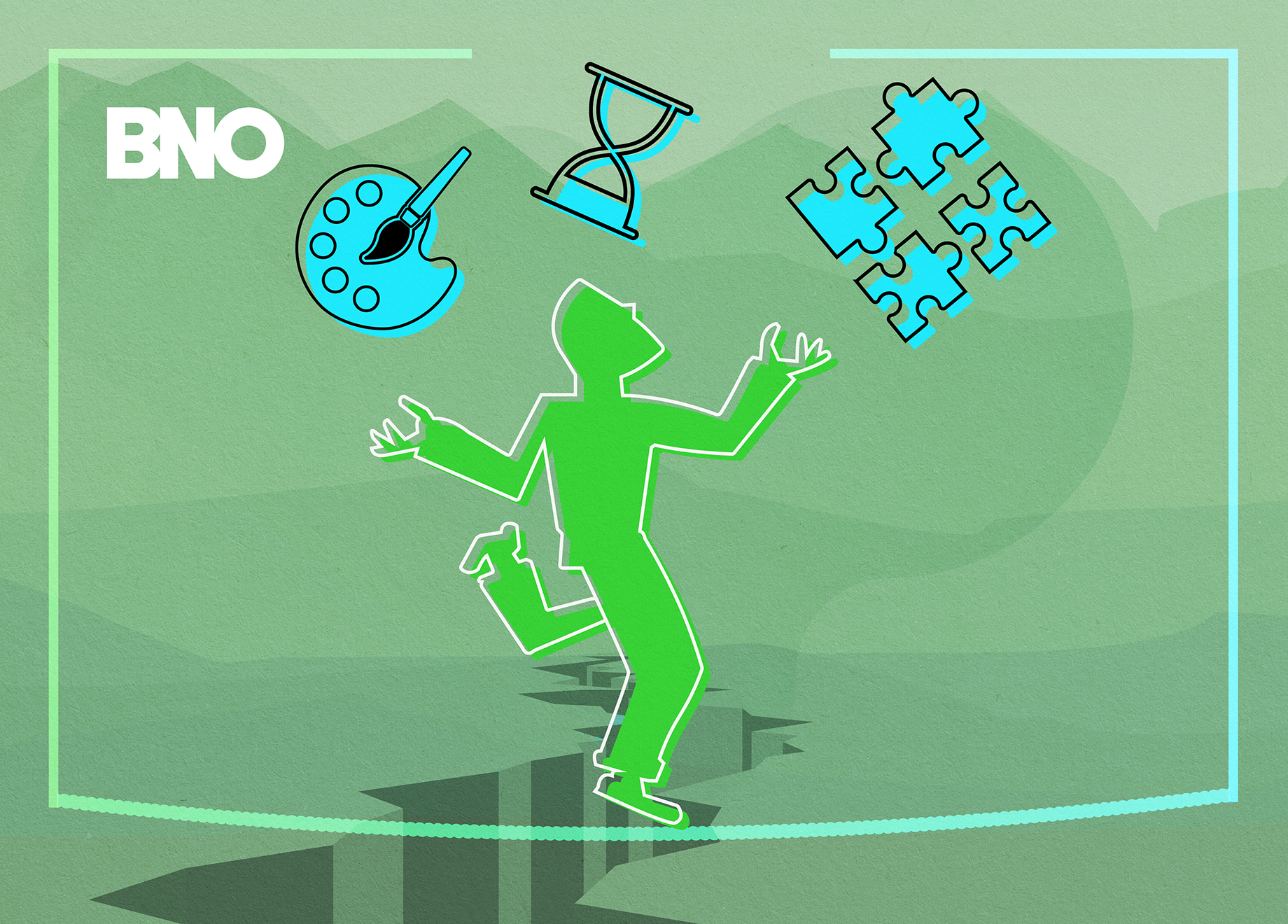 A man walking on a tightrope, balancing his creativity in the form of icons.