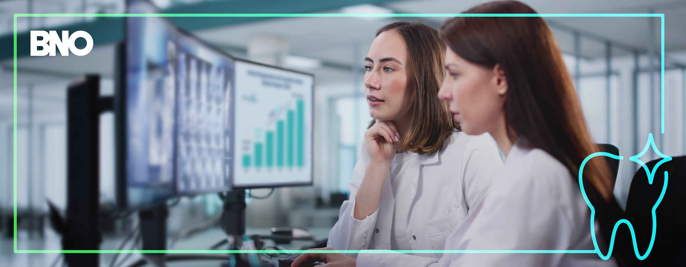 Two dentists reviewing recent patient x-rays and the marketing projections of their business.