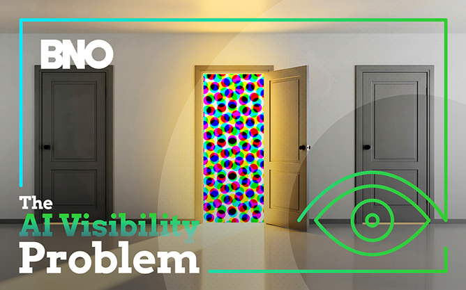 Three doors, the central door is open showing a vision test. Caption reads "The AI Visibility Problem."