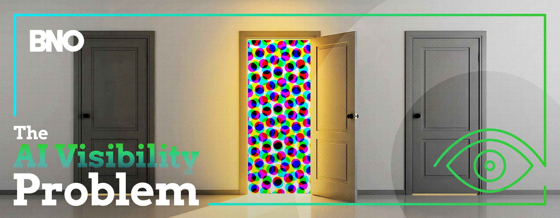 Three doors, the central door is open showing a vision test. Caption reads 